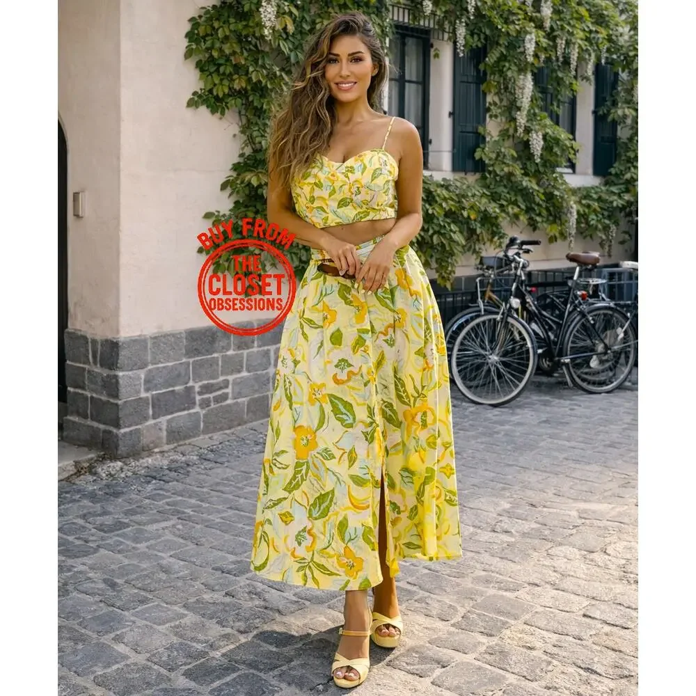 Zara Floral Co Ord Set Corset Top Midi Skirt Linen Blend Vacation Outfit NWT - Picture 5 of 16